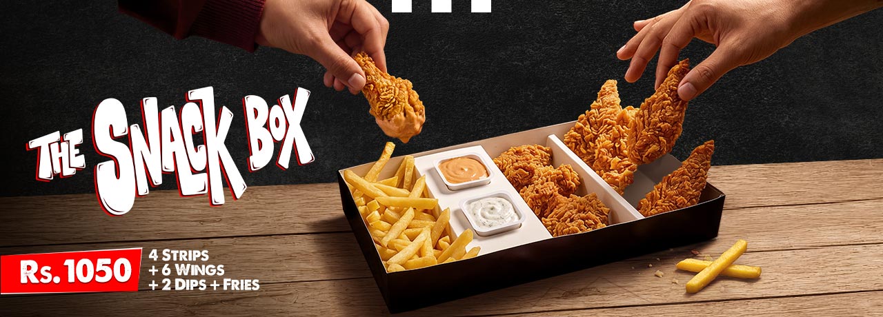 Snack Box with strips, hot wings, fries and dips